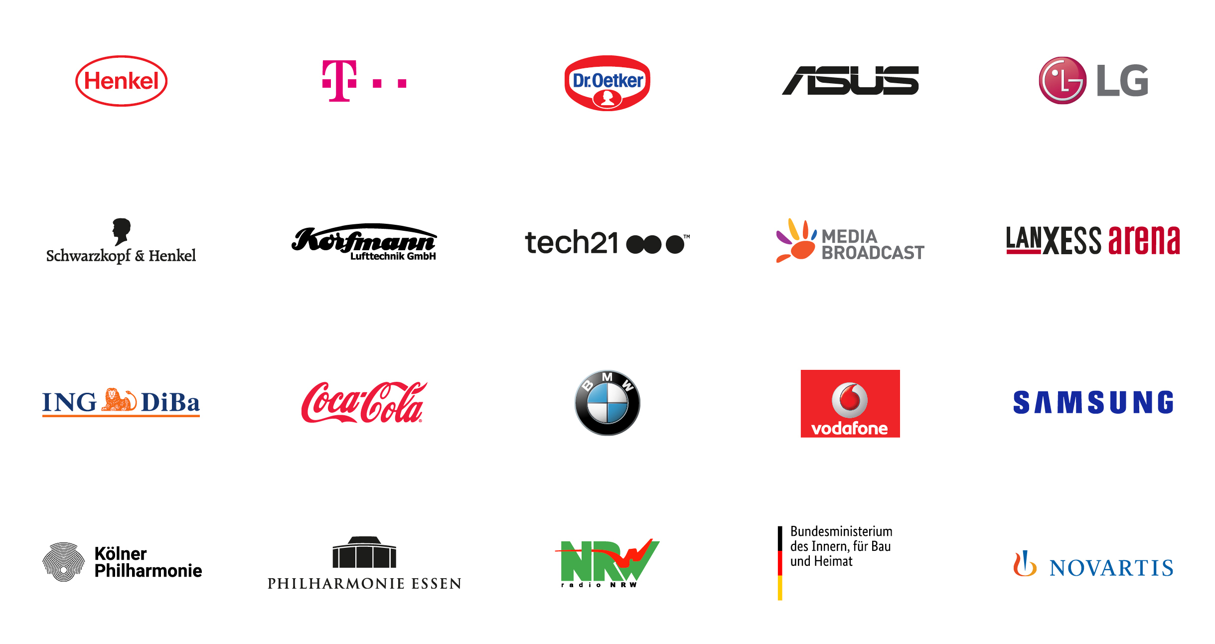 Henkel, Telekom, Dr. Oetker, Asus, LG, Schwarzkopf, Korfmann, Tech 21, Media Broadcast, Lanxess Arena, Ing Diba, Coca Cola, BMW, Vodafone, Samsung, Kölner Philharmonie, Philharmonie Essen, Radio NRW, Bundesministerium des Innern, Novartis